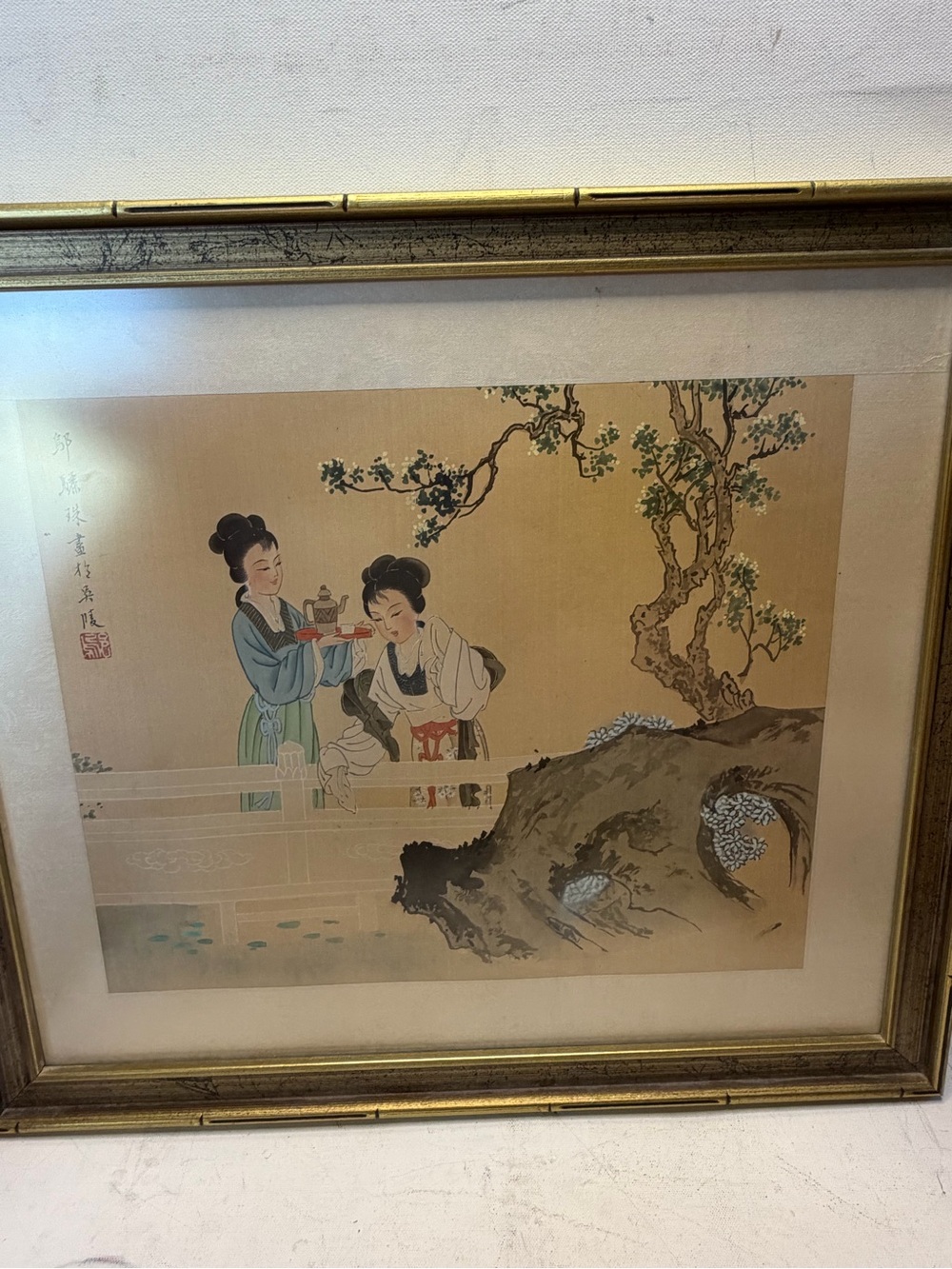 Vintage Chinese Watercolor Ink Painting Paper Court Ladies Tea Signed Zheng Xiuz